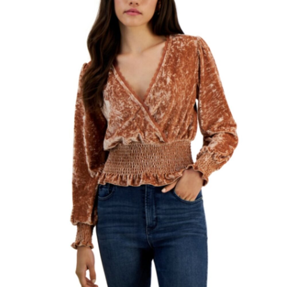New Selfie size XL Surplice Smocked Balloon-sleeve Velvet‎ Top In Macchiato